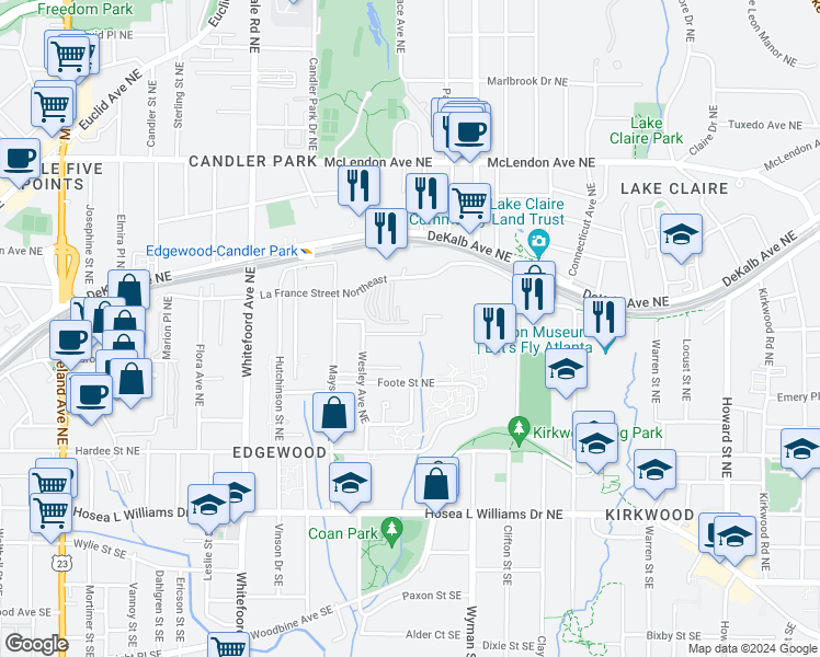 map of restaurants, bars, coffee shops, grocery stores, and more near 1588 New Street Northeast in Atlanta