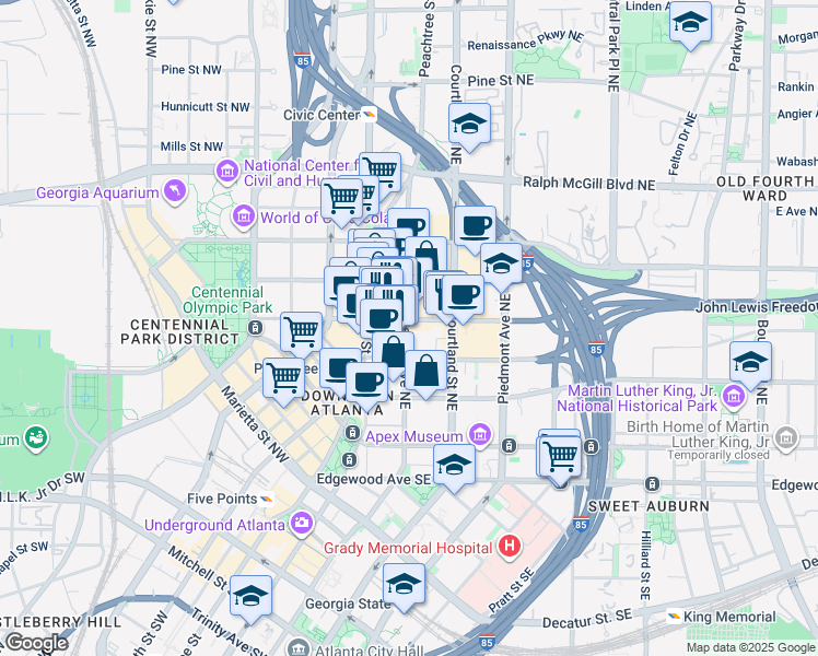 map of restaurants, bars, coffee shops, grocery stores, and more near 161 Peachtree Center Avenue Northeast in Atlanta