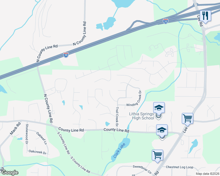map of restaurants, bars, coffee shops, grocery stores, and more near 2772 Woodbine Trail in Lithia Springs