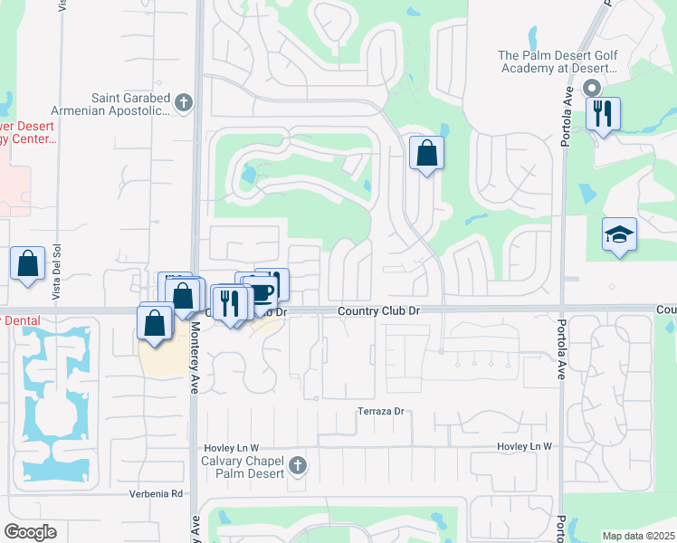 map of restaurants, bars, coffee shops, grocery stores, and more near 73450 Country Club Drive in Palm Desert