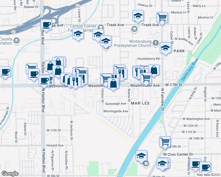map of restaurants, bars, coffee shops, grocery stores, and more near 12640 Westminster Avenue in Garden Grove