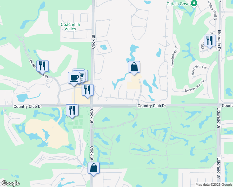 map of restaurants, bars, coffee shops, grocery stores, and more near 100 Brandigo Circle in Palm Desert