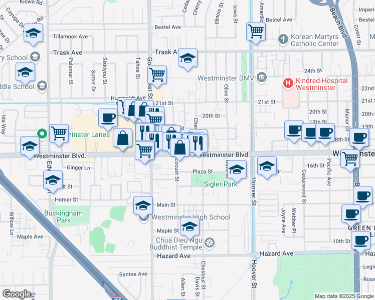 map of restaurants, bars, coffee shops, grocery stores, and more near 7151 Westminster Boulevard in Westminster