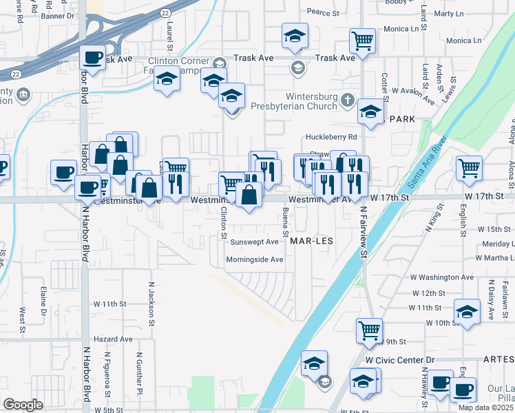 map of restaurants, bars, coffee shops, grocery stores, and more near 12650 Westminster Avenue in Santa Ana