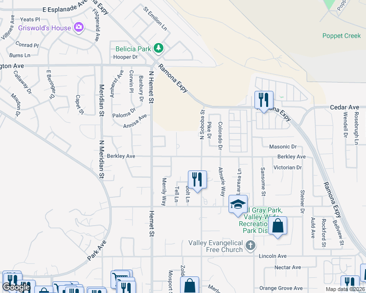 map of restaurants, bars, coffee shops, grocery stores, and more near 701 North Soboba Street in Hemet
