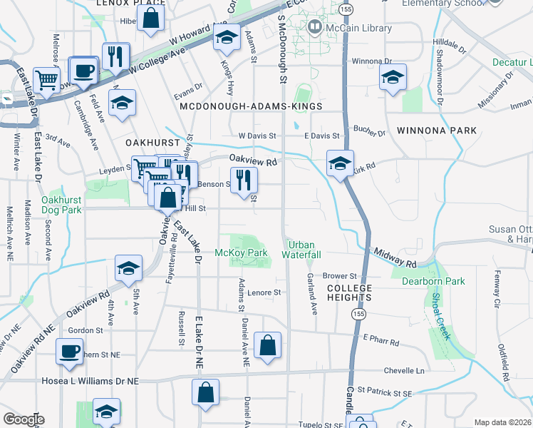 map of restaurants, bars, coffee shops, grocery stores, and more near 122 West Hill Street in Decatur