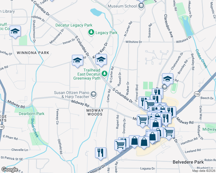 map of restaurants, bars, coffee shops, grocery stores, and more near 1221 Carter Road in Decatur