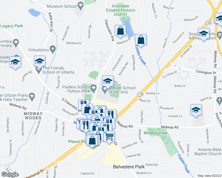 map of restaurants, bars, coffee shops, grocery stores, and more near 1192 Clarendon Avenue in Decatur