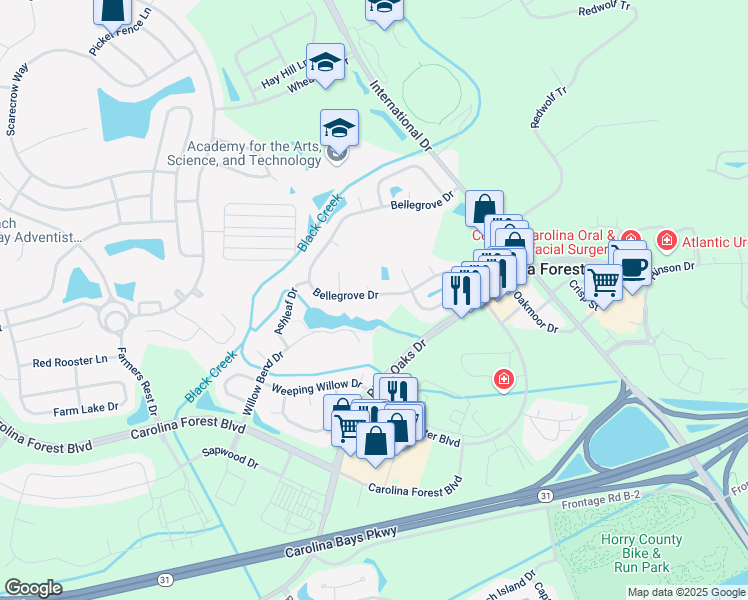 map of restaurants, bars, coffee shops, grocery stores, and more near 199 Bellegrove Drive in Myrtle Beach