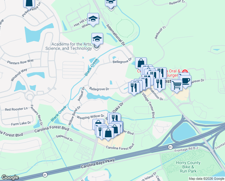 map of restaurants, bars, coffee shops, grocery stores, and more near 183 Bellegrove Drive in Myrtle Beach