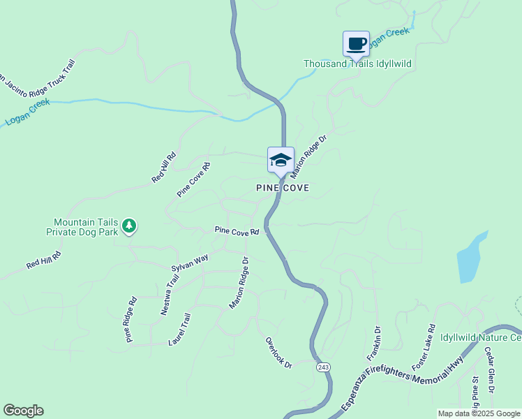 map of restaurants, bars, coffee shops, grocery stores, and more near 24990 Marion Ridge Drive in Idyllwild-Pine Cove