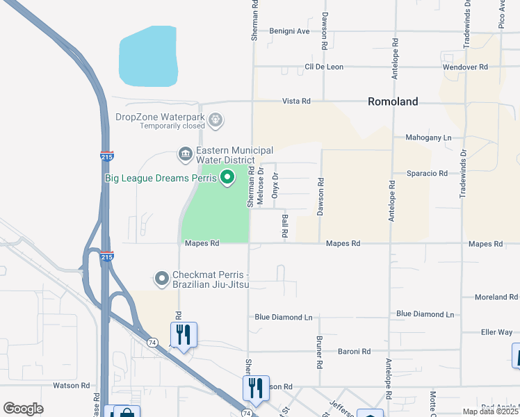 map of restaurants, bars, coffee shops, grocery stores, and more near Blue Topaz Drive & Melrose Drive in Riverside County
