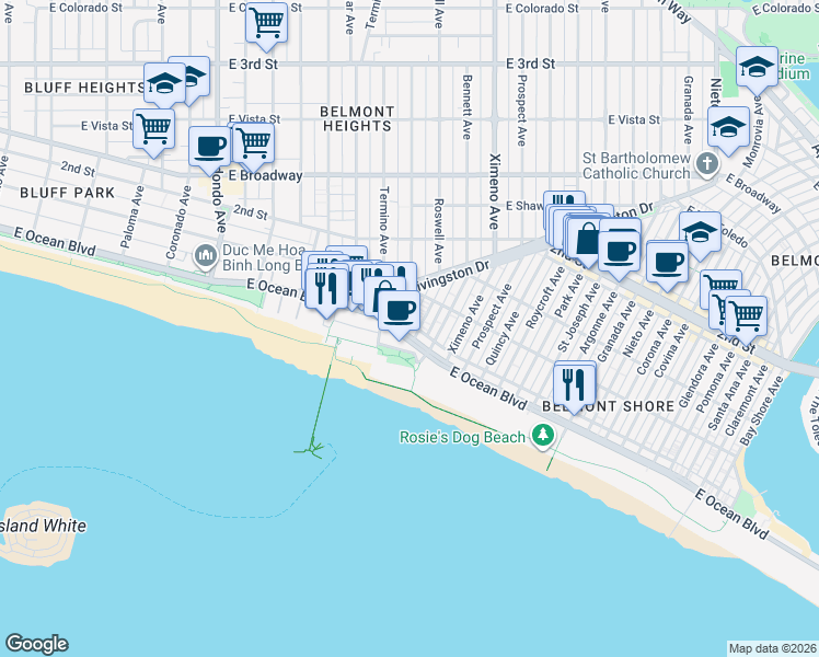 map of restaurants, bars, coffee shops, grocery stores, and more near in Long Beach