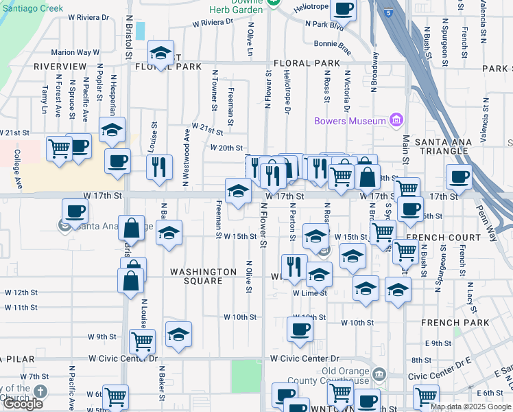 map of restaurants, bars, coffee shops, grocery stores, and more near 970 West 17th Street in Santa Ana
