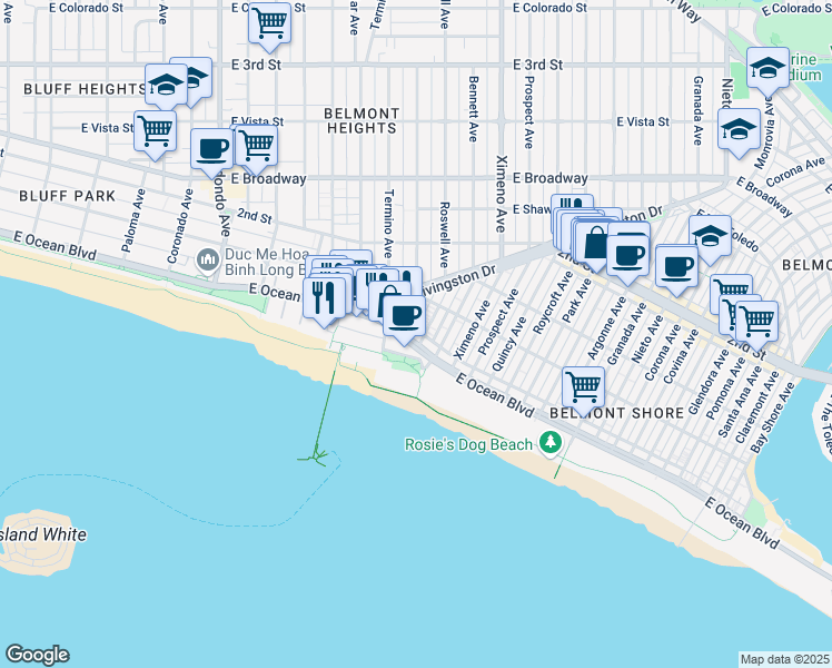 map of restaurants, bars, coffee shops, grocery stores, and more near in Long Beach