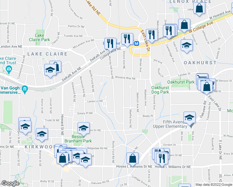 map of restaurants, bars, coffee shops, grocery stores, and more near 233 Murray Hill Avenue Northeast in Atlanta