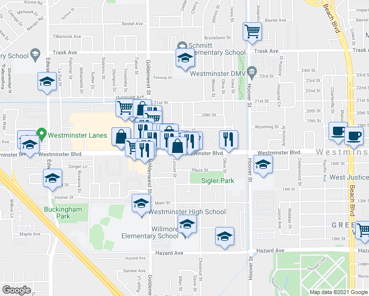 map of restaurants, bars, coffee shops, grocery stores, and more near 7151 Westminster Boulevard in Westminster