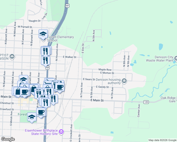 map of restaurants, bars, coffee shops, grocery stores, and more near 416 East Morton Street in Denison