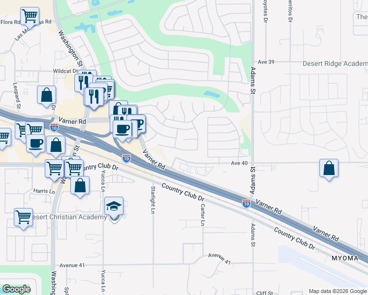 map of restaurants, bars, coffee shops, grocery stores, and more near 78658 Rockwell Circle in Palm Desert