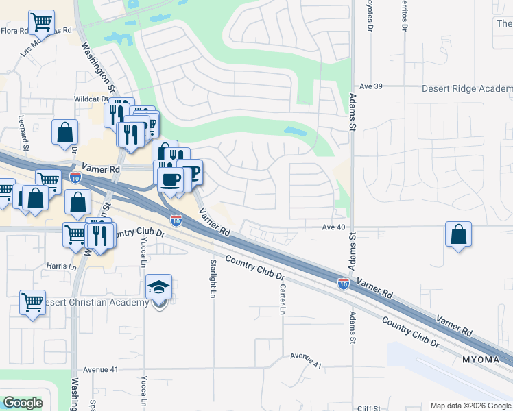 map of restaurants, bars, coffee shops, grocery stores, and more near 78658 Rockwell Circle in Palm Desert
