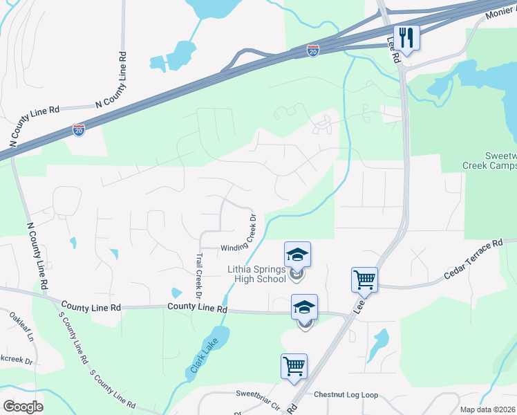 map of restaurants, bars, coffee shops, grocery stores, and more near 2545 Winding Creek Drive in Lithia Springs
