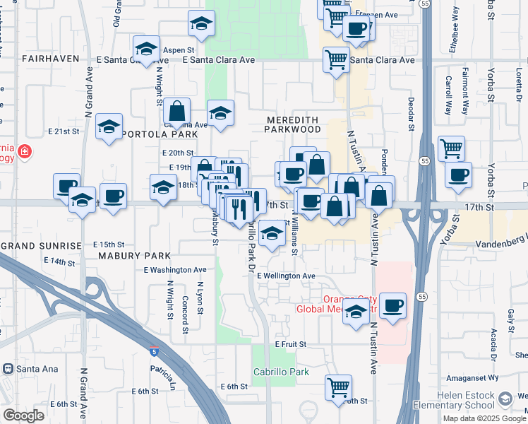 map of restaurants, bars, coffee shops, grocery stores, and more near 1800 East 16th Street in Santa Ana