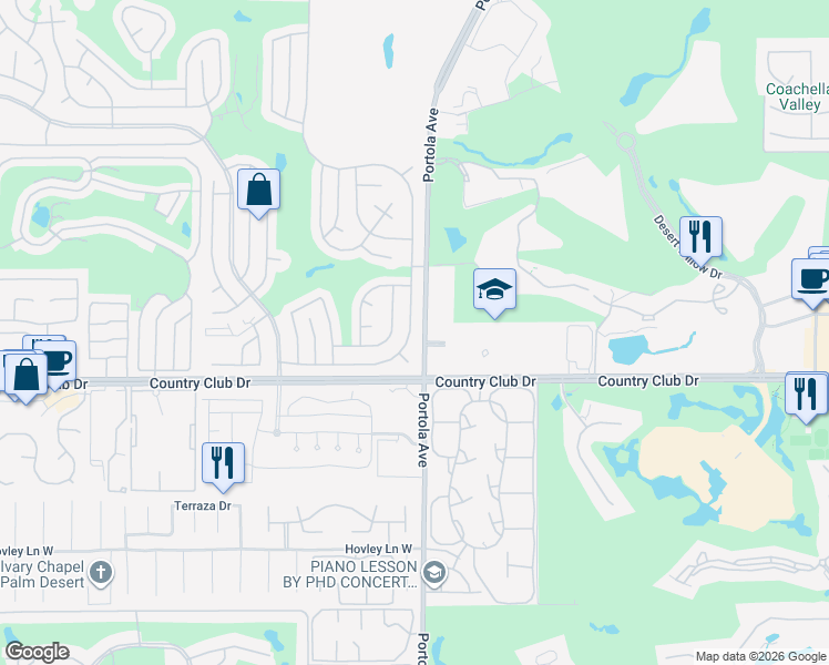 map of restaurants, bars, coffee shops, grocery stores, and more near 39780 Desert Greens Drive East in Palm Desert