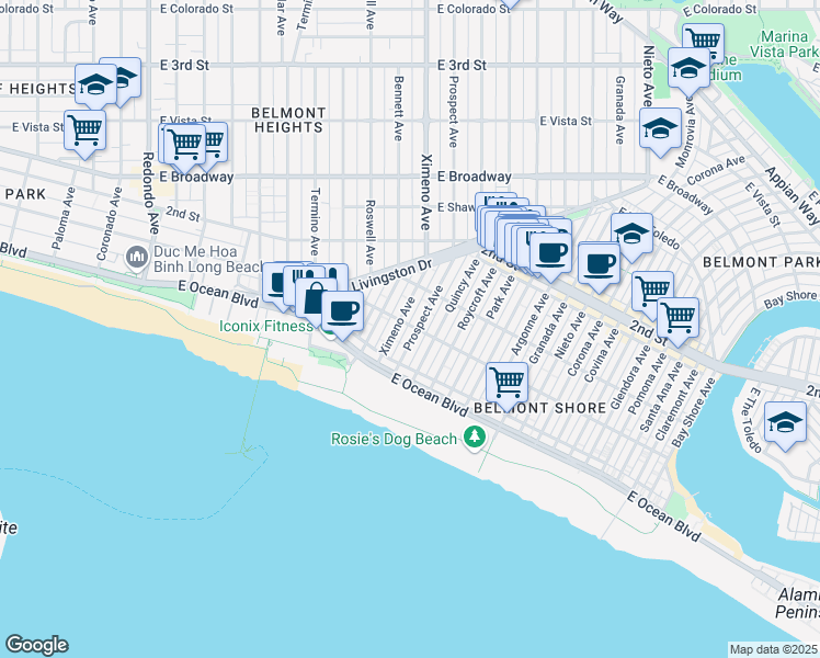 map of restaurants, bars, coffee shops, grocery stores, and more near 85 Prospect Avenue in Long Beach