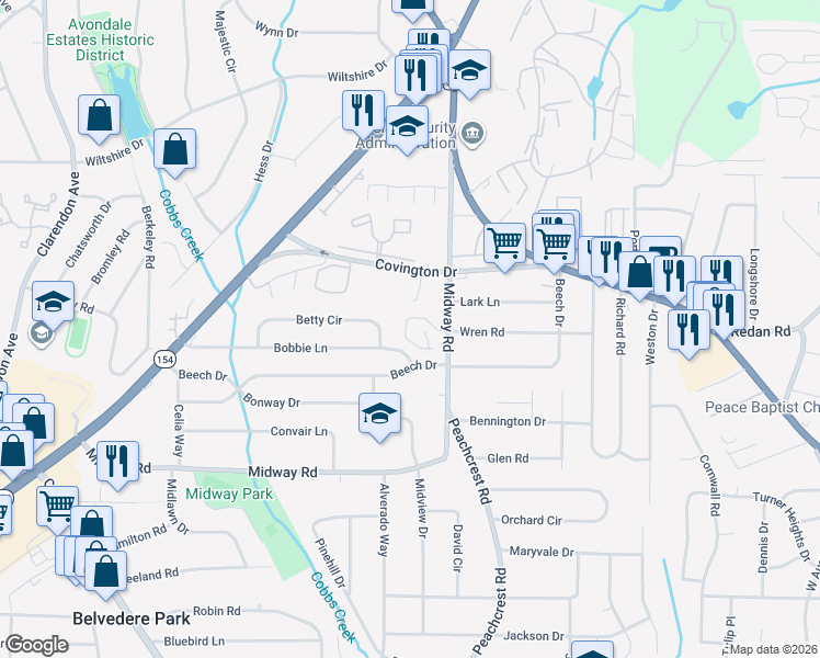 map of restaurants, bars, coffee shops, grocery stores, and more near 1260 Crescentwood Lane in Decatur