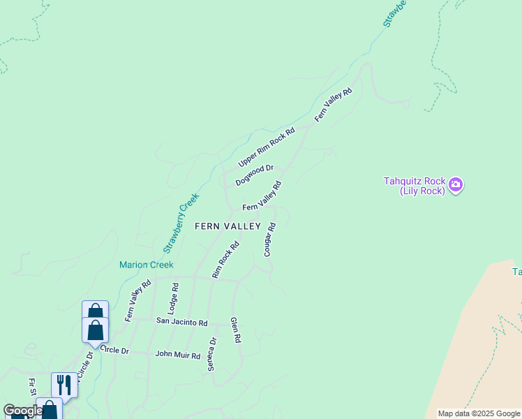 map of restaurants, bars, coffee shops, grocery stores, and more near 24918 Fern Valley Road in Idyllwild-Pine Cove