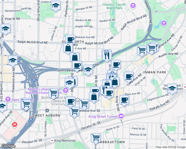 map of restaurants, bars, coffee shops, grocery stores, and more near 551 John Wesley Dobbs Avenue Northeast in Atlanta