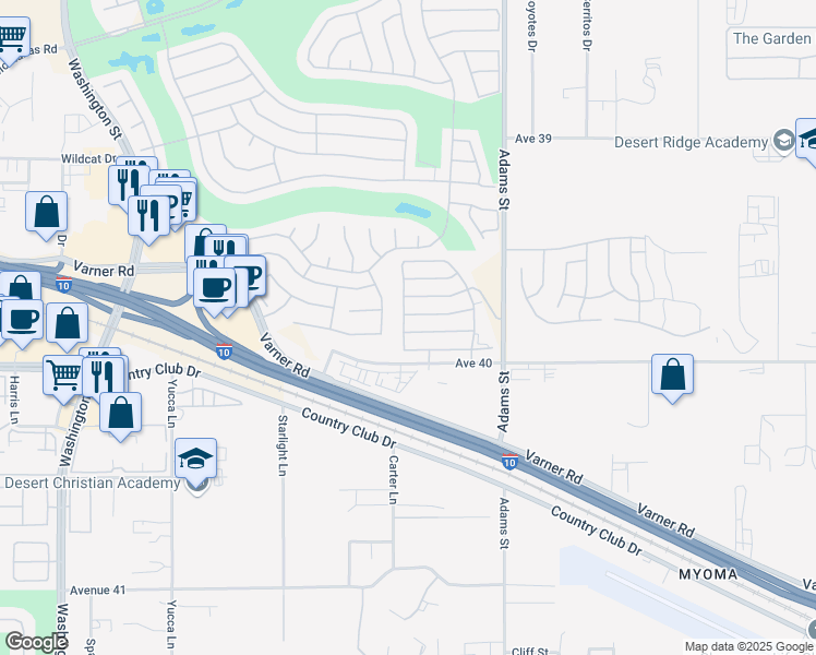 map of restaurants, bars, coffee shops, grocery stores, and more near 78760 Amare Way in Palm Desert
