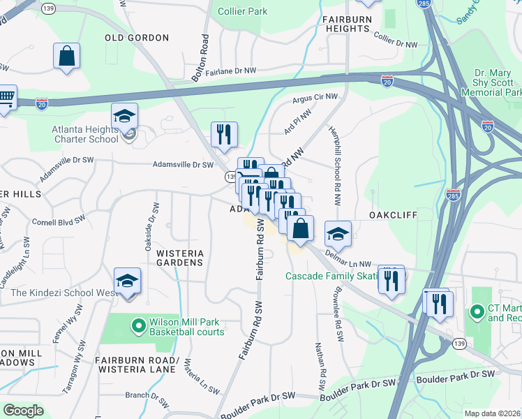 map of restaurants, bars, coffee shops, grocery stores, and more near 3604 Bakers Ferry Road Southwest in Atlanta