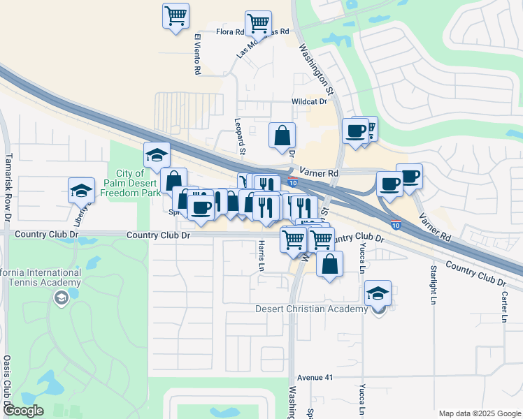 map of restaurants, bars, coffee shops, grocery stores, and more near 77920 Country Club Drive in Palm Desert