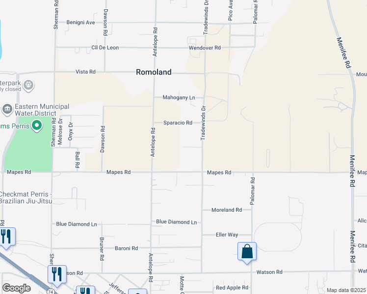 map of restaurants, bars, coffee shops, grocery stores, and more near Tower View Court in Romoland