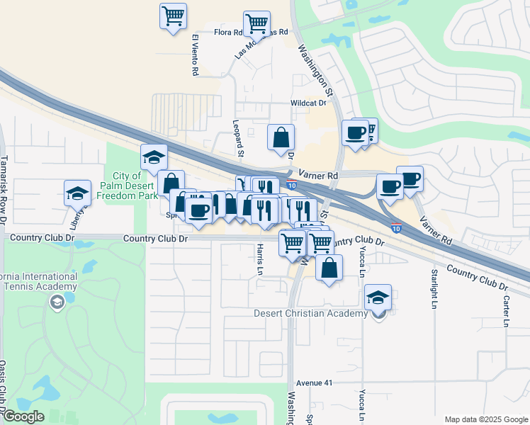 map of restaurants, bars, coffee shops, grocery stores, and more near 77920 Country Club Drive in Palm Desert