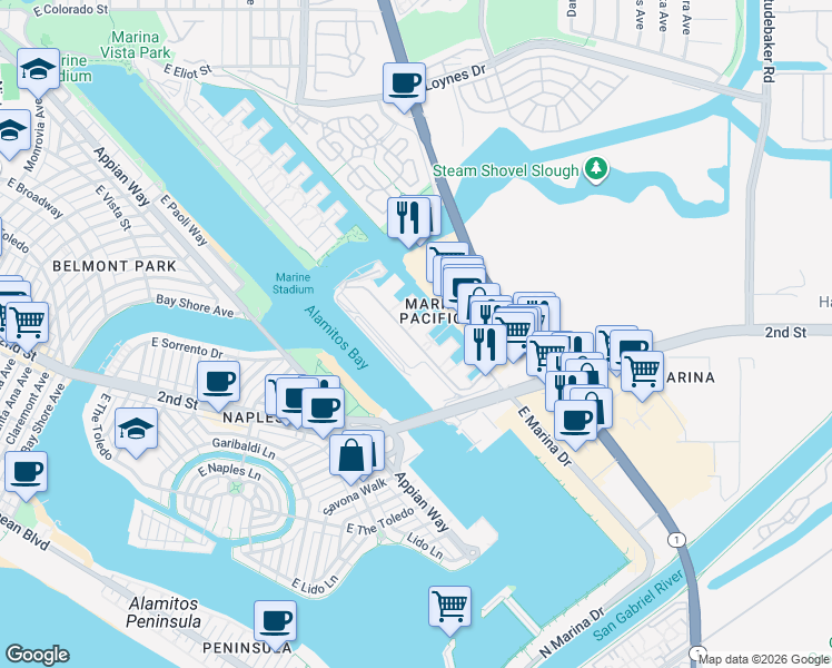 map of restaurants, bars, coffee shops, grocery stores, and more near 7315 Marina Pacifica Drive in Long Beach
