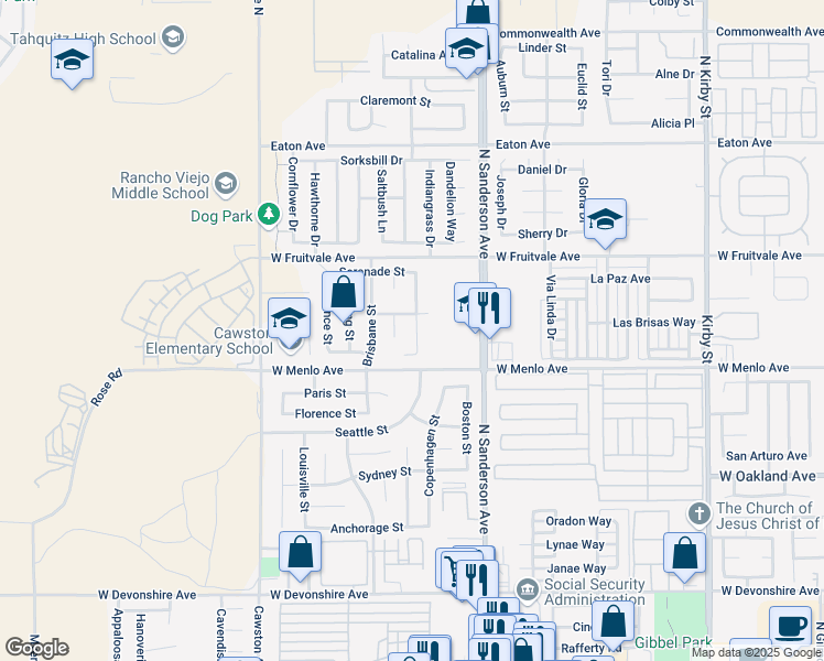 map of restaurants, bars, coffee shops, grocery stores, and more near 740 Shiraz Drive in Hemet