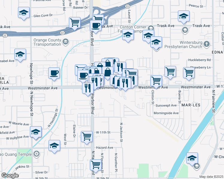 map of restaurants, bars, coffee shops, grocery stores, and more near 1518 North Bewley Street in Santa Ana