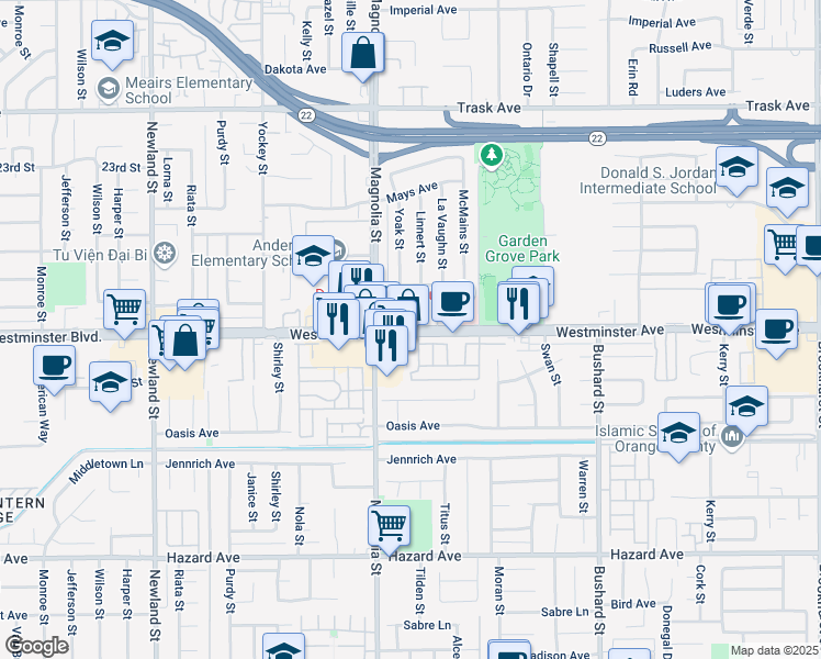 map of restaurants, bars, coffee shops, grocery stores, and more near 9078 Westminster Boulevard in Garden Grove