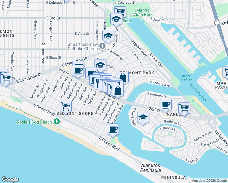 map of restaurants, bars, coffee shops, grocery stores, and more near 5353 2nd Street in Long Beach