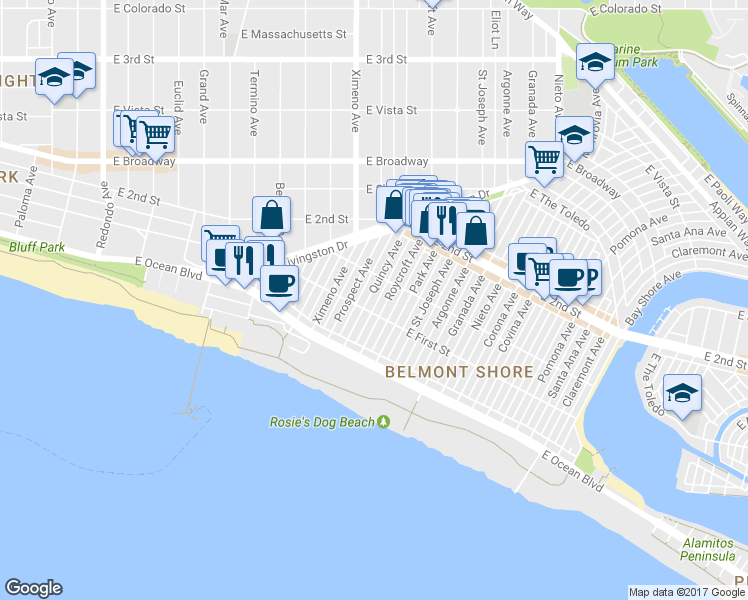 map of restaurants, bars, coffee shops, grocery stores, and more near 71 Quincy Avenue in Long Beach