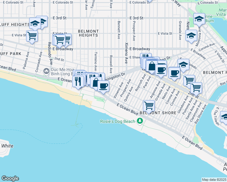 map of restaurants, bars, coffee shops, grocery stores, and more near 40 Ximeno Avenue in Long Beach