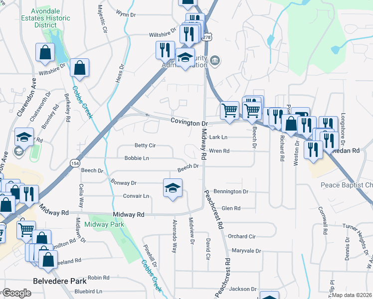 map of restaurants, bars, coffee shops, grocery stores, and more near 1260 Crescentwood Lane in Decatur