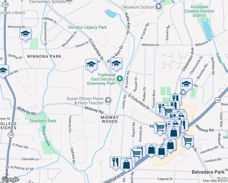 map of restaurants, bars, coffee shops, grocery stores, and more near 1220 Thomas Road in Decatur