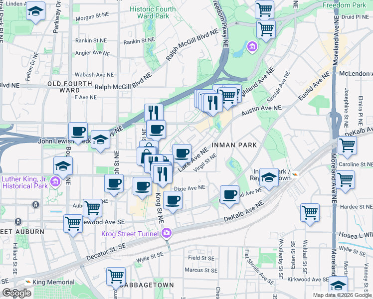 map of restaurants, bars, coffee shops, grocery stores, and more near 806 Lake Avenue Northeast in Atlanta
