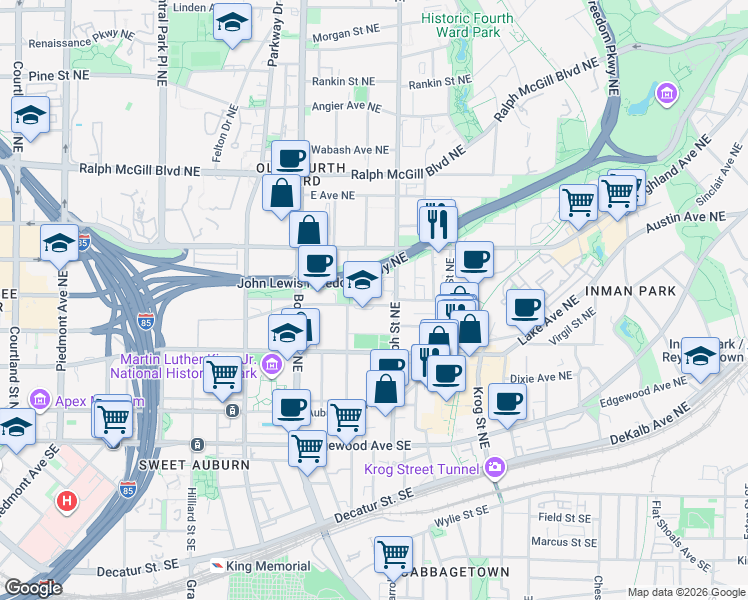map of restaurants, bars, coffee shops, grocery stores, and more near 551 John Wesley Dobbs Avenue Northeast in Atlanta