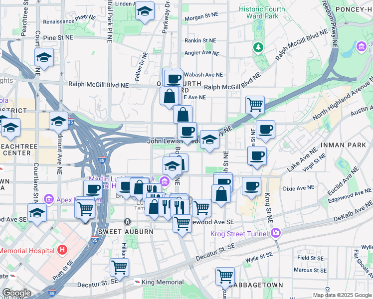 map of restaurants, bars, coffee shops, grocery stores, and more near 170 Boulevard Northeast in Atlanta