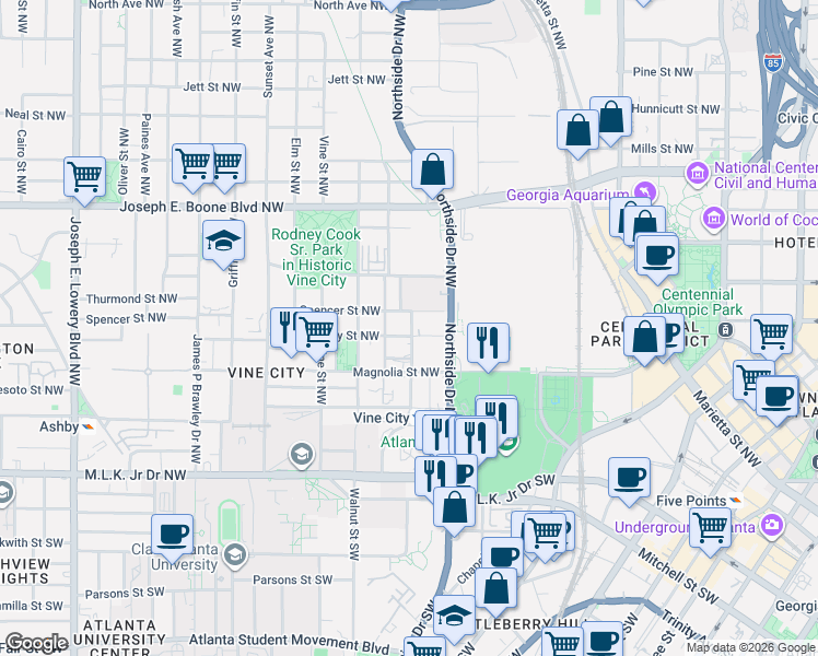 map of restaurants, bars, coffee shops, grocery stores, and more near 534 Foundry Street Northwest in Atlanta