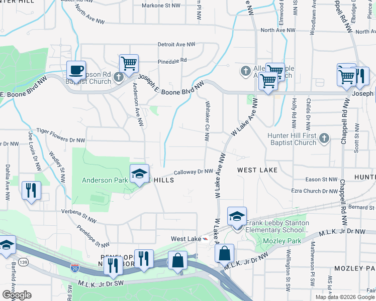 map of restaurants, bars, coffee shops, grocery stores, and more near 1831 Oakmont Drive Northwest in Atlanta